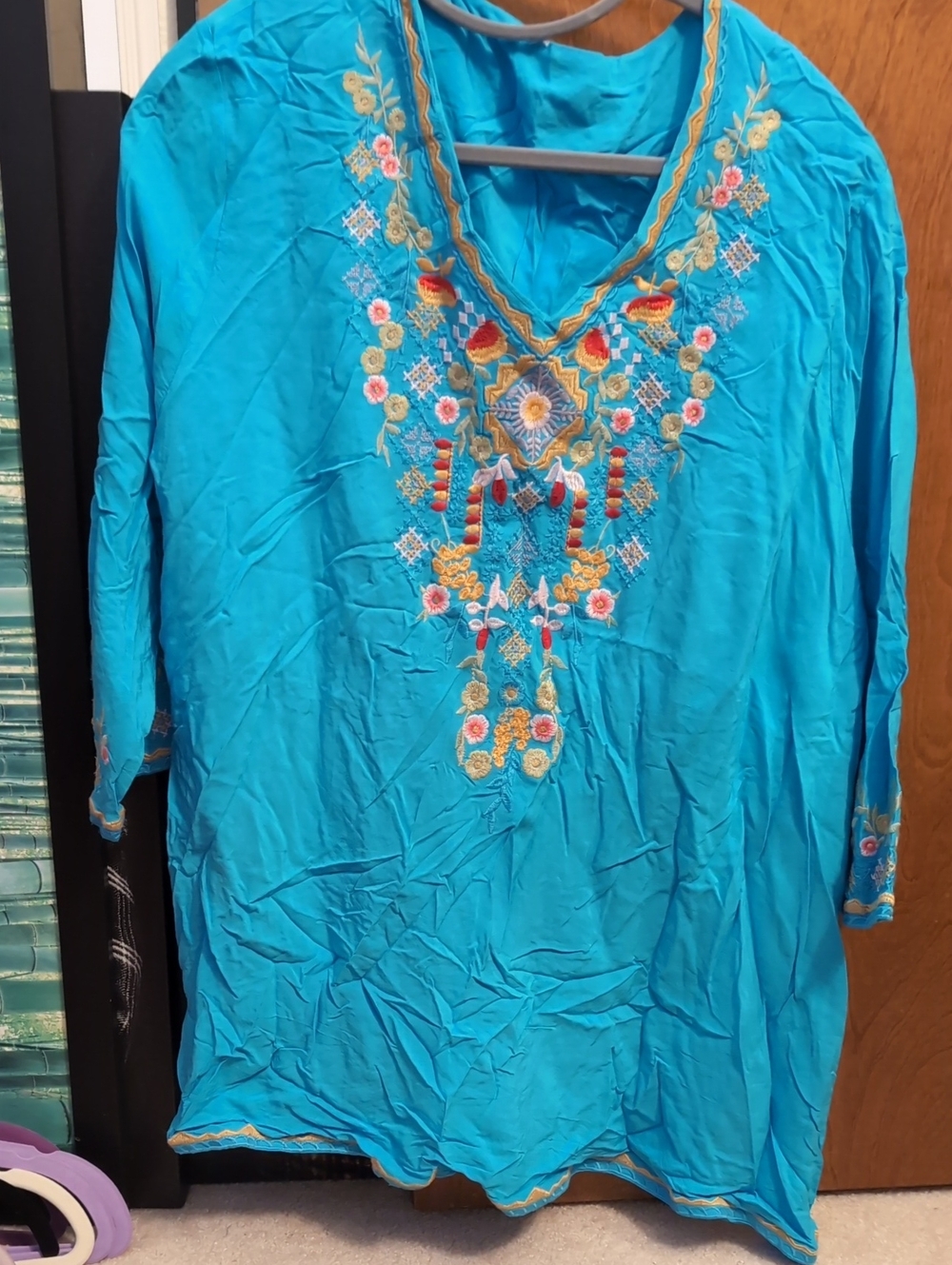 Embroidered Turquoise V-Neck Women’s Top